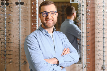 Man is choosing glasses in optics store