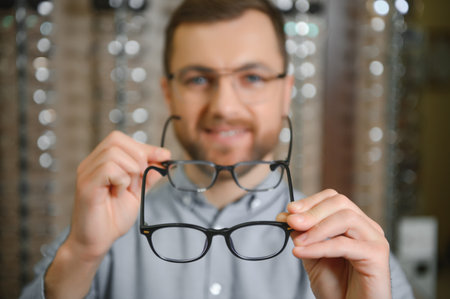 Satisfied Customer. Over the shoulder view of happy young male client wearing new glasses