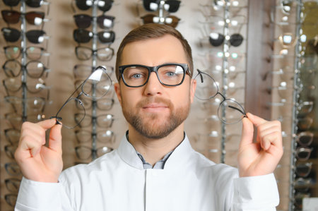 Close up of doctor oculist, optometrist holding, giving new eyeglasses.
