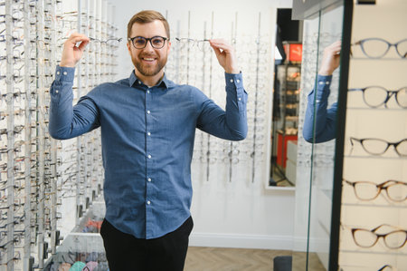 Man evaluating the quality of glasses in optical shop.の写真素材