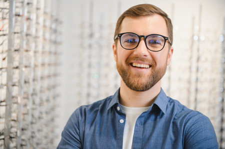 Satisfied Customer. View of happy young male client wearing new glasses, standing near rack and...