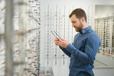 male client chooing new eyeglasses frame for his new eyeglasses in optical store.の写真素材