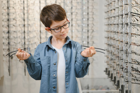 boy in glasses, at optics store.の写真素材
