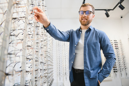 In Optics Shop. Portrait of male client holding and wearing different spectacles, choosing and...