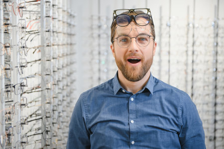 Satisfied Customer. View of happy young male client wearing new glasses, standing near rack and...