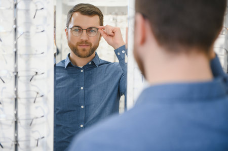 Satisfied Customer. View of happy young male client wearing new glasses, standing near rack and showcase with eyewear. Smiling man trying on spectacles.の写真素材