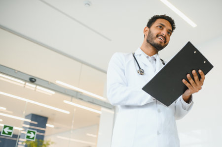 Portrait of happy friendly male Indian latin doctor medical worker wearing white coat with stethoscope around neck standing in modern private clinic looking at camera. medical healthcare concept.の写真素材