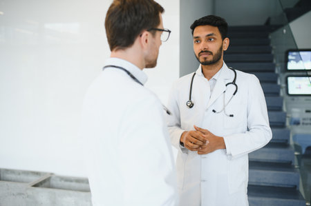 an Indian doctor with a European doctor colleague. Multiracial team concept.の写真素材