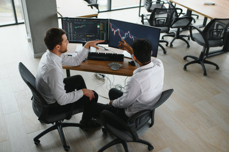 Two diverse crypto traders brokers stock exchange market investors discussing trading charts...
