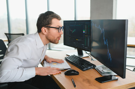 Stressed business man crypto trader broker investor analyzing stock exchange market crypto trading...