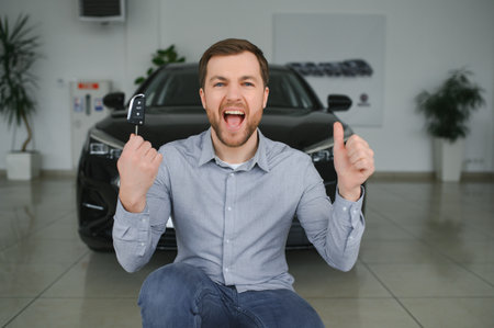 visiting car dealership. Handsome bearded man is stroking his new car and smilingの写真素材