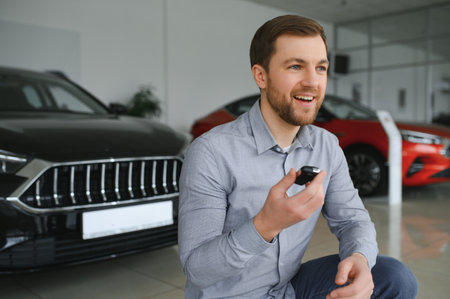 Yes, that's my new car. Customer in car dealership. Young man with keys in hand