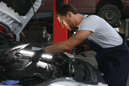 Auto mechanic working on car engine in mechanics garage. repair serviceの写真素材