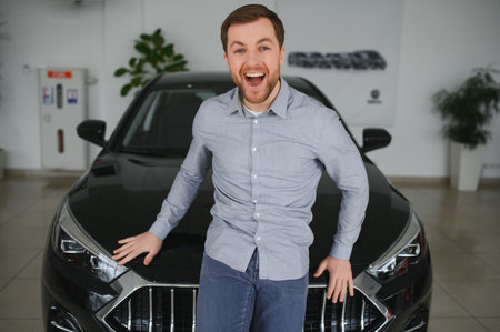 visiting car dealership. Handsome bearded man is stroking his new car and smiling