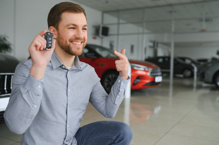 Yes, that's my new car. Customer in car dealership. Young man with keys in hand
