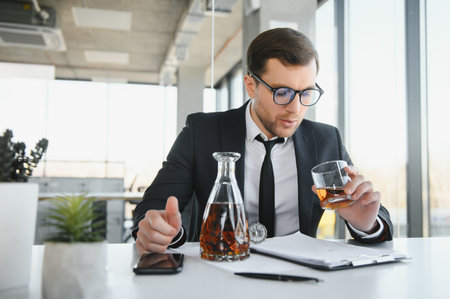 Businessman drinking from stress at workplace.