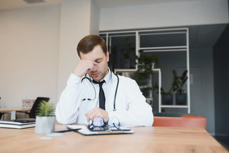 stressed male doctor. Mid adult male doctor working long hours. Overworked doctor in his office. Not even doctors are exempt from burnoutの写真素材