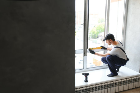 Workman in overalls installing or adjusting plastic windows in the living room at home.