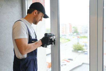 Construction worker repairing window in houseの写真素材