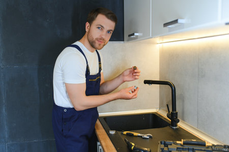 Professional plumber fixing water tap in kitchen.の写真素材