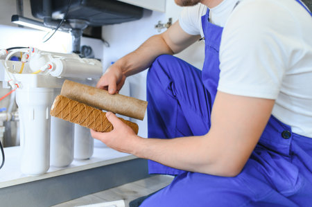 Plumber working change cartridge filter for water in kitchen. concept filtration systemの写真素材