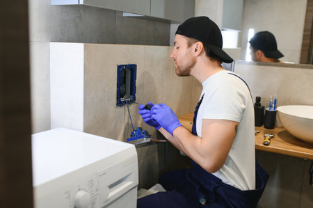 Professional plumber working with toilet bowl in bathroom.