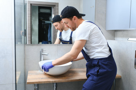 Professional plumber, male worker in uniform installing sink and water pipe in new apartmentの写真素材