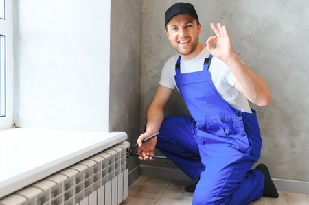Repair heating radiator close-up. man repairing radiator wrench. Removing air from the radiator.の写真素材