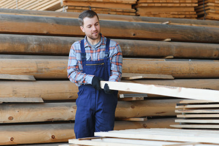 Male Worker folds boards. Sawmill. wood harvesting process.の写真素材