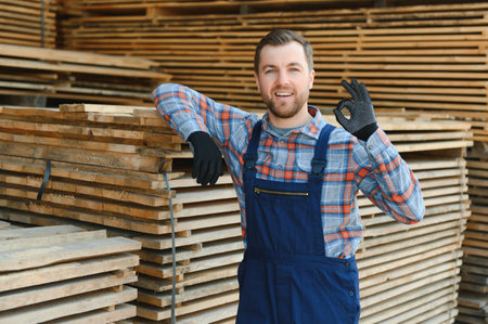 Joiner in uniform check boards on timber mill.の写真素材