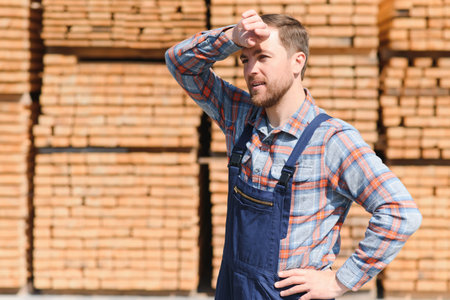 Carpenter in uniform check boards on sawmill.の写真素材
