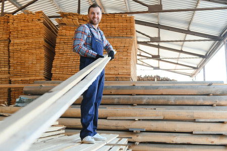 Joiner in uniform check boards on timber mill.