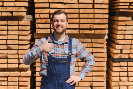 Portrait of a handsome worker choosing the best wooden boards. Carpenter standing next to a big stack of wood bars in a warehouseの写真素材