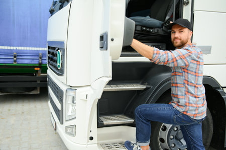 Caucasian Male Truck Driver Stepping Out Of Vehicle At Rest Stop