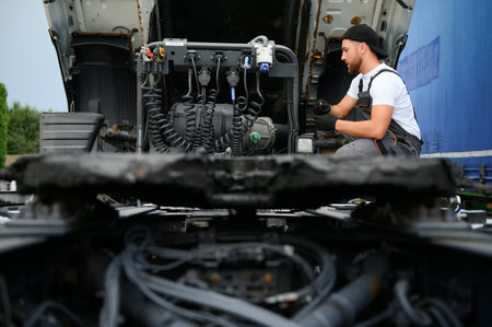 man in uniform. truck repair. Car malfunction.