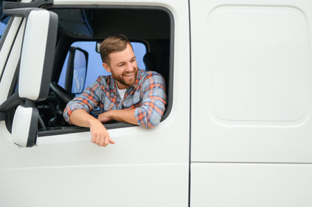 Close up of truck driver behind steering wheel. copy space
