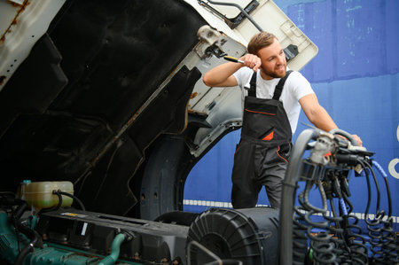 man in uniform. truck repair. Car malfunction.の写真素材