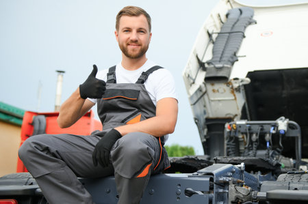 man in uniform. truck repair. Car malfunction.の写真素材