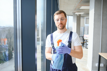 An employee of a professional cleaning service washes the glass of the windows of the building....