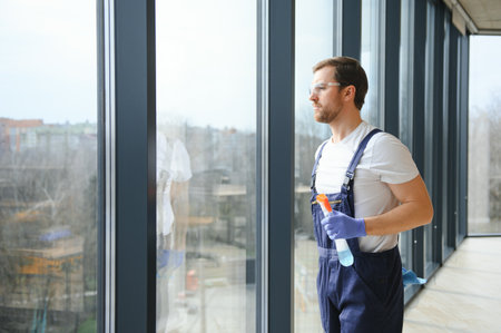 An employee of a professional cleaning service washes the glass of the windows of the building. Showcase cleaning for shops and businessesの写真素材