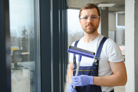 An employee of a professional cleaning service washes the glass of the windows of the building....