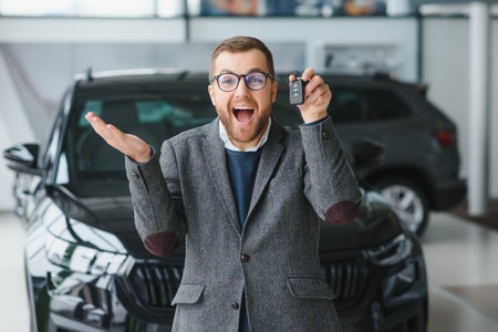 Yes, that's my new car. Customer in car dealership. Young man knelt down with keys in handの写真素材