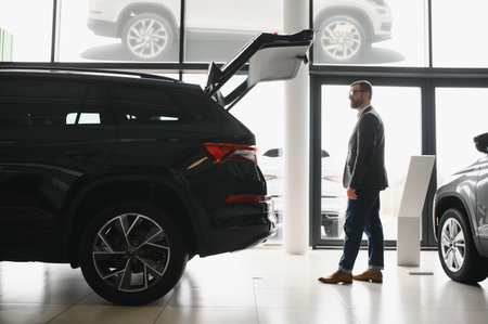 visiting car dealership. Handsome bearded man is stroking his new car and smiling.