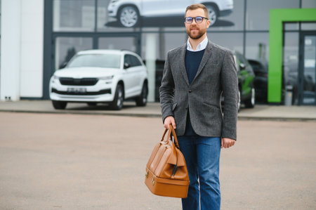 Happy buyer near the car in front of the modern car dealership building.の写真素材