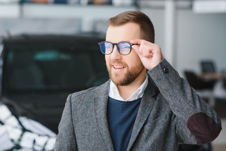Portrait of happy customer buying new carの写真素材