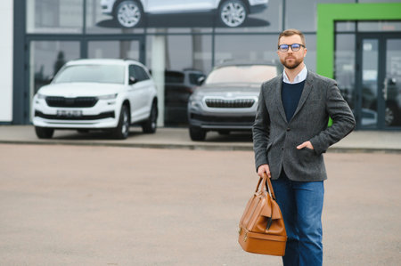 Man minded customer male buyer client in suit choose auto to go look aside want buy new automobile in car showroomの写真素材