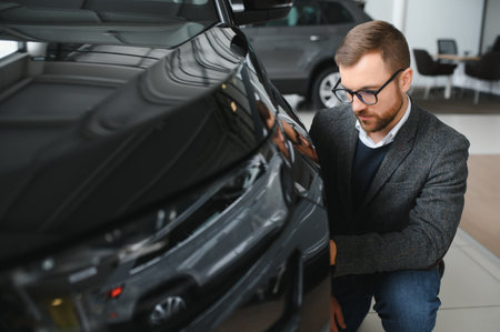 visiting car dealership. Handsome bearded man is stroking his new car and smiling.の写真素材