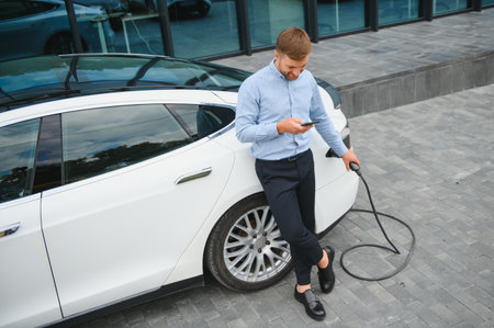 portrait of young handsome bearded man in casual wear, standing at the charging station and holding...