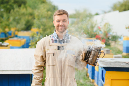 Beekeeper is working with bees and beehives on the apiary. Beekeeping concept.