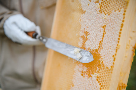 Beekeeper is working with bees and beehives on apiary. Bees on honeycomb. Frames of bee hive. beekeeping. Honey. Health food. natural productsの写真素材